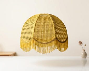 Vintage Woven Raffia Lampshade with Long Fringe - Mustard Yellow Scalloped Boho Light Shade