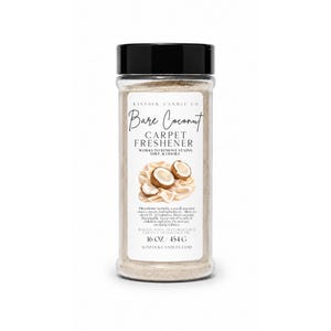 May include: A clear plastic shaker bottle with a black lid containing Bare Coconut carpet freshener powder. The label features the text Kinfolk Candle Co, Bare Coconut, Carpet Freshener, and 16 oz / 454 g, with an illustration of two coconut halves.