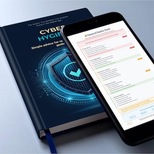 Pode incluir: Um livro azul escuro intitulado "Cyber Hygiene" com um gráfico de escudo e um smartphone exibindo uma verificação de realidade de senha. O livro tem uma fita azul como marcador. A tela do telefone mostra uma lista com seções destacadas em vermelho, amarelo e verde.