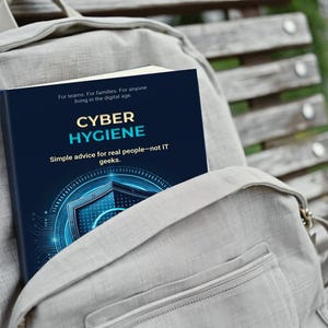 Puede incluir: Una mochila gris descansa sobre un banco de madera, con un libro titulado "CYBER HYGIENE" visible en su interior. El libro tiene una cubierta azul oscuro con texto blanco y turquesa. El subtítulo dice "Simple advice for real people - not IT geeks."