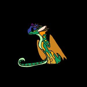 May include: A cartoon dragon illustration with a green body, yellow spots, and orange wings. The dragon wears a blue hat with purple flowers. The background is black.