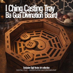 May include: A wooden I Ching casting tray with a Ba Gua divination board design. The tray is octagonal with a central Yin Yang symbol and three round coins. The text "I Ching Casting Tray Ba Gua Divination Board" is at the top.
