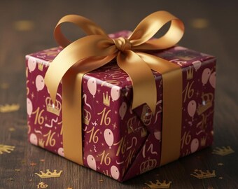Sweet 16 Wrapping Paper | Burgundy and Gold Birthday Gift Wrap | Princess 16th Birthday Paper | Elegant Sweet Sixteen Celebration Wrap