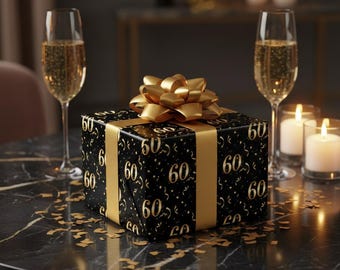 60th Birthday Wrapping Paper | Gold 60 Gift Wrap | Elegant Black and Gold Milestone Birthday Paper | 60th Celebration Gift Wrap