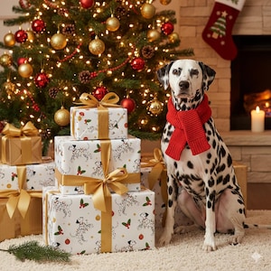 Dalmatian Christmas Wrapping Paper | Dog Lover Holiday Gift Wrap | Cute Dalmatian with Lights | Holly and Ornament Winter Paper
