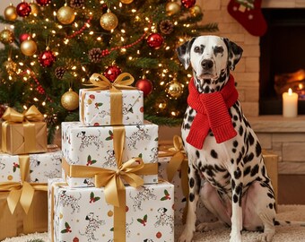 Dalmatian Christmas Wrapping Paper | Dog Lover Holiday Gift Wrap | Cute Dalmatian with Lights | Holly and Ornament Winter Paper