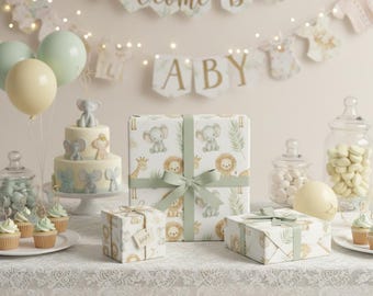 Safari Baby Shower Wrapping Paper | Jungle Animal Gift Wrap | Baby Lion Elephant Giraffe | Gender Neutral Baby Gift Wrap