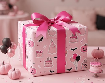Pink Halloween Birthday Wrapping Paper | Cute Ghost Gift Wrap | Girly Spooky Birthday Paper | Pink Pumpkin Halloween Gift Wrap