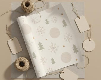 Japandi Christmas Wrapping Paper - Neutral Minimal Holiday Gift Wrap | Scandinavian Zen Xmas Decor | Soft Trees & Snowflakes