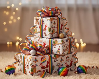 LGBTQ+ Pride Christmas Wrapping Paper | Rainbow Santa & Elves | Inclusive Holiday Gift Wrap