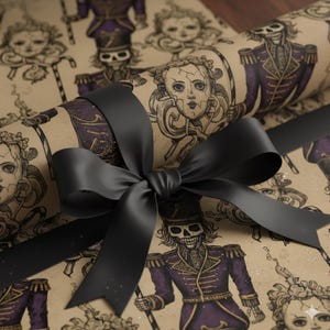 Gothic Nutcracker Wrapping Paper | Dark Christmas Gift Wrap | Vintage Skeleton Toy Soldier & Porcelain Doll Design | Macabre Holiday Decor