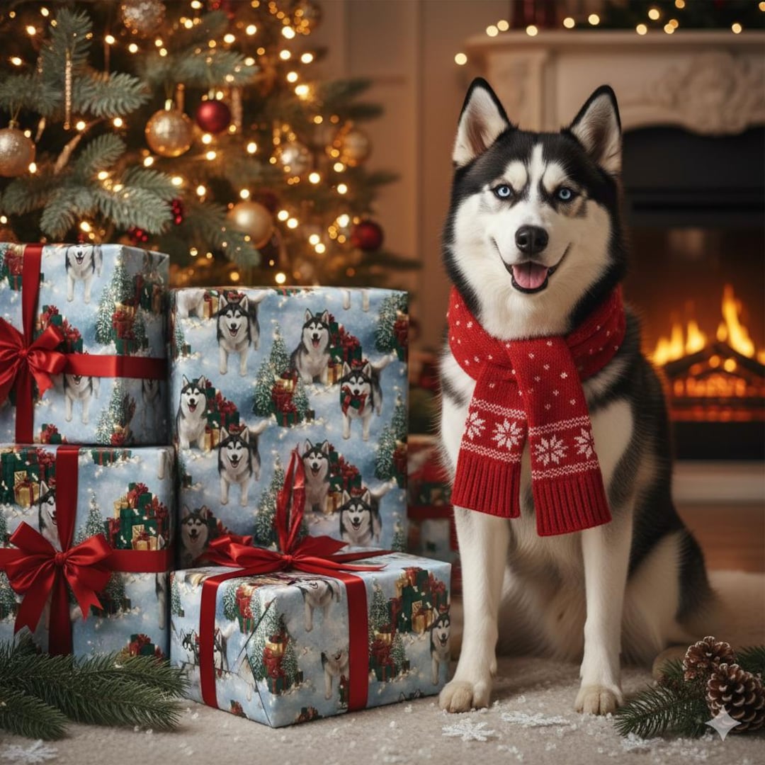 Husky Christmas Wrapping Paper | Dog Lover Holiday Gift Wrap | Festive ...