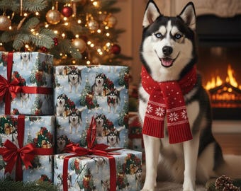 Husky Christmas Wrapping Paper | Dog Lover Holiday Gift Wrap | Festive Winter Scene with Presents & Lights | Cute Husky Dog Gift Paper