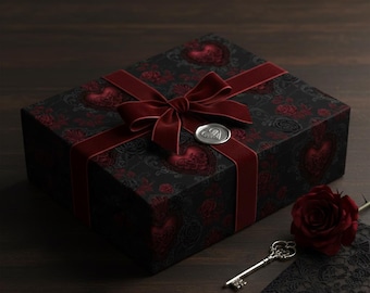 Papel de embrulho gótico para o Dia dos Namorados | Papel de presente com corações barrocos em estilo romance sombrio | Papel de embrulho preto aveludado para o Dia dos Namorados | Estética gótica do amor