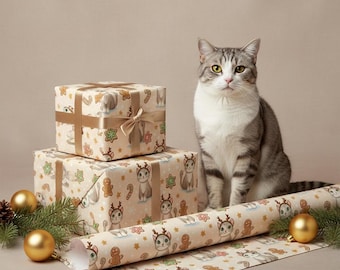 American Curl Cat Christmas Wrapping Paper | Cute Cat Gift Wrap | Holiday Cookie Pattern | Pet Lover Xmas Paper