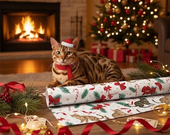 Bengal Cat Christmas Wrapping Paper | Cat Lover Gift Wrap | Holiday Candy Cane Pattern | Festive Pet Wrapping Paper