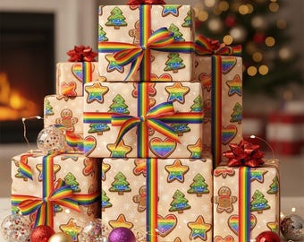 LGBTQ+ Christmas Cookie Wrapping Paper | Rainbow Pride Holiday Gift Wrap | Gingerbread & Sugar Cookie Design