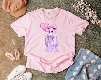 Coquette Ghost With Pink Bow T-Shirt | Cute Corset Ghost Tee | Pastel Goth Halloween Shirt | Kawaii Witchy Aesthetic | Unisex Graphic Top
