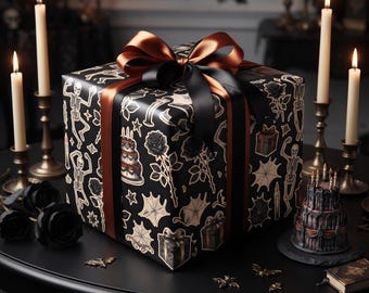 Gothic Skeleton Birthday Wrapping Paper | Halloween Birthday Gift Wrap | Black Rose Spooky Gift Wrap | Vintage Goth Birthday Paper