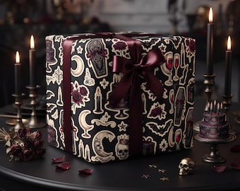 Gothic Halloween Birthday Wrapping Paper | Dark Romance Gift Wrap | Vampire Birthday Paper | Bats Roses Spooky Gift Wrap