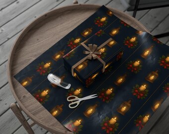 Elegant Christmas Candle and Lantern Wrapping Paper | Holiday Gift Wrap with Holly, Pinecones & Red Bows | Cozy Winter Pattern