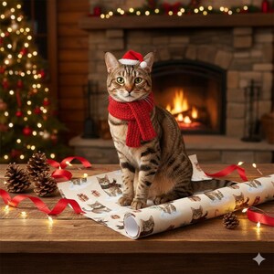 May include: A tabby cat wearing a red scarf and Santa hat sits on wrapping paper with cat illustrations. The cat is on a wooden table with pine cones, red ribbon, and Christmas lights. A Christmas tree and fireplace are in the background.