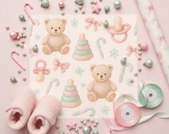 Baby Girl's First Christmas Wrapping Paper - Pink Bows & Teddy Bears | Pastel Holiday Gift Wrap for Newborn Girls