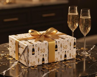 50th Birthday Wrapping Paper | Champagne 50 Gift Wrap | Gold Milestone Birthday Paper | Elegant 50th Celebration Wrap