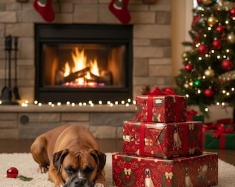 Boxer Dog Christmas Wrapping Paper | Dog Lover Holiday Gift Wrap | Elegant Red & Gold Festive Pattern | Boxer in Bow Tie Gift Paper