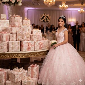 Quinceañera Wrapping Paper | Sweet 15 Gift Wrap with Gold Crown & Pink Damask Pattern | Princess Royal Party Gift Wrap