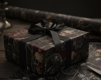 Gothic Christmas Wrapping Paper | Skull & Black Ornament Gift Wrap | Dark Holiday Decor | Macabre Christmas Wrapping Paper