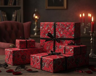 Goth Valentine Wrapping Paper | Dark Romance Skull & Lock Heart Gift Wrap | Emo Gothic Love Paper | Alternative Valentine | Red Skull Wrap