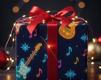 Neon Electric Guitar Christmas Wrapping Paper - Rock Holiday Gift Wrap | Colorful Music Lover Xmas Decor
