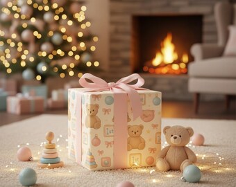 Baby's First Christmas Wrapping Paper - Pastel Teddy Bears, Toys & Stars | Cute Newborn Holiday Gift Wrap for Boys, Girls Baby Gifts