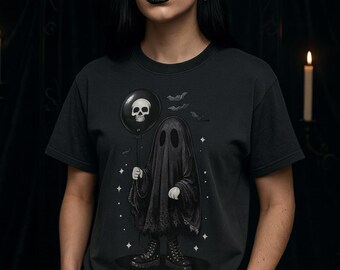 Goth Ghost With Skull Balloon T-Shirt | Spooky Cute Halloween Tee | Pastel Goth Aesthetic | Witchy Graphic Tee | Unisex Shirt