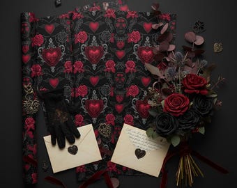 Gothic Valentine's Day Wrapping Paper | Dark Romance Heart & Skull Gift Wrap | Velvet Black Valentine Wrap | Gothic Love Aesthetic