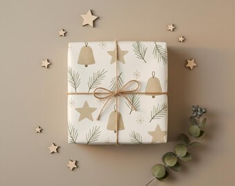 Japandi Christmas Wrapping Paper | Neutral Minimal Holiday Gift Wrap | Scandinavian Bells, Stars & Pine Sprigs | Modern Calm Xmas Decor