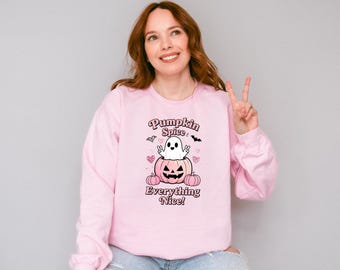 Pumpkin Spice & Everything Nice Pink Halloween Sweatshirt | Cute Ghost in Pumpkin Fall Pinkoween Crewneck | Cozy Spooky Season Pullover