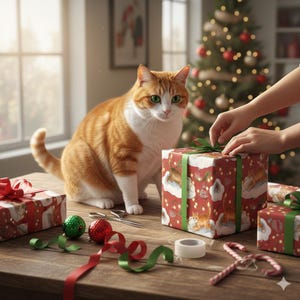 May include: A ginger and white cat sits beside wrapped Christmas presents on a wooden table. The gifts are wrapped in red paper with a cat and cloud pattern and green ribbon. A Christmas tree is in the background.