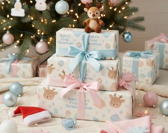 Baby's First Christmas Wrapping Paper | Cute Reindeer & Pastel Baby Icons | Newborn Holiday Gift Wrap for Boys, Girls + Neutral Baby Gifts