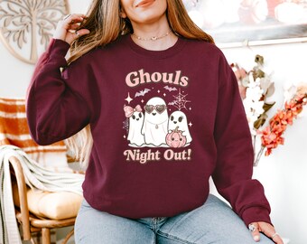 Ghouls Night Out Pink Halloween Sweatshirt | Cute Pastel Ghosts Pinkoween Crewneck | Spooky Season Fall Pullover for Best Friends