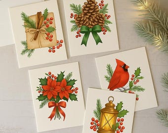 5 Pack Christmas Greeting Cards | Holiday Card Set with Envelopes | Poinsettia, Pinecones, Cardinal, Gift Box & Lantern Designs