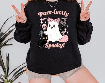 Purr-fectly Spooky Pink Halloween Sweatshirt | Cute Ghost & Black Cat Pinkoween Crewneck | Pastel Gothic Fall Pullover for Cat Lovers