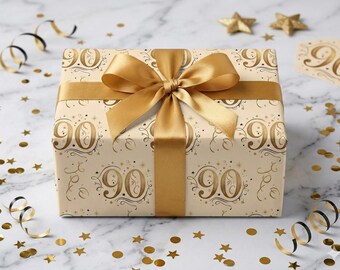 90th Birthday Wrapping Paper | Elegant Gold 90 Gift Wrap | Milestone 90th Birthday Gift Wrap | Classy Confetti Birthday Wrapping Paper