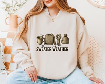 Sweater Weather Sweatshirt Gildan 18000 | Fall Cozy Crewneck | Cider Mug Sweater Scarf Beanie | Unisex Fleece Autumn Pullover