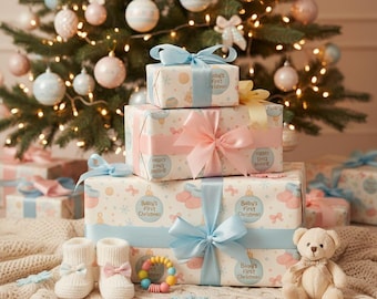 Baby's First Christmas Wrapping Paper - Pastel Ornaments, Booties & Rattles | Cute Newborn Holiday Gift Wrap for Boys + Girls