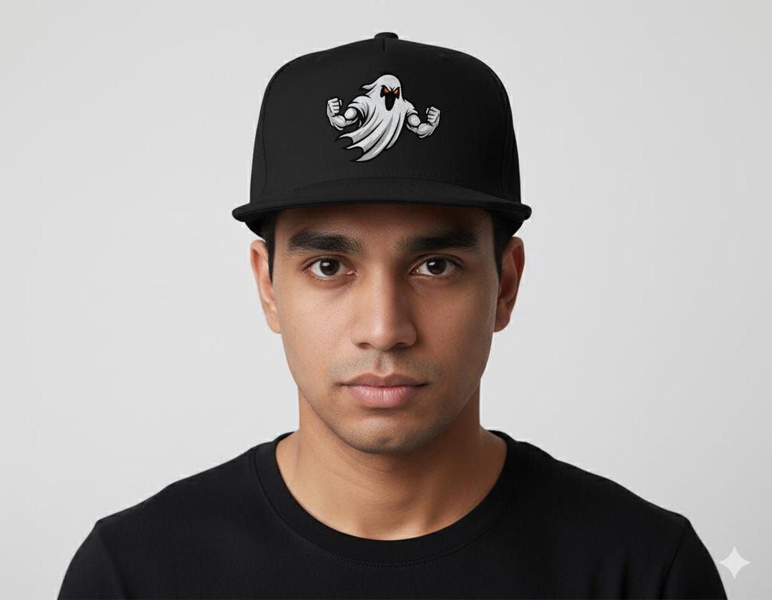 Ghost Mascot Cap | Halloween Flat Bill Snapback | Embroidered Muscular ...