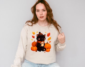 Cozy Fall Black Cat Sweatshirt | Cute Autumn Pumpkin Spice Coffee Sweater | Halloween Pumpkin Season Crewneck | Cozy Fall Aesthetic Top