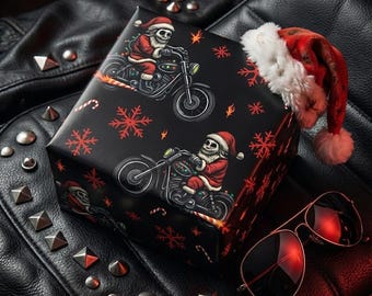 Biker Santa Christmas Wrapping Paper - Skeleton Santa on Motorcycle | Badass Holiday Gift Wrap | Rocker & Biker Xmas Decor