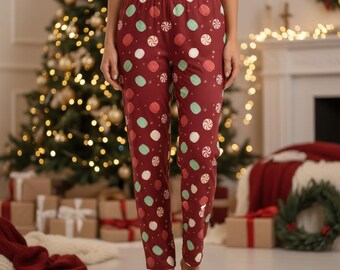 Pijama navideño de macarrones con menta para mujer / Bonito pantalón de pijama navideño con galletas / Pijama navideño de invierno para ella / Conjunto navideño a juego